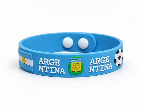 Argentina silicone World Cup fan wristband in sky blue with ARGENTINA lettering and crest