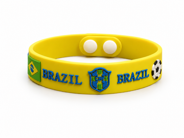 Brazil silicone World Cup fan wristband in yellow with blue BRAZIL lettering and crest